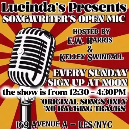 Event artwork: Sunday Songwriter's Open Mic Every Week at Lucinda's — Lucinda's — New York — 4 October 2026